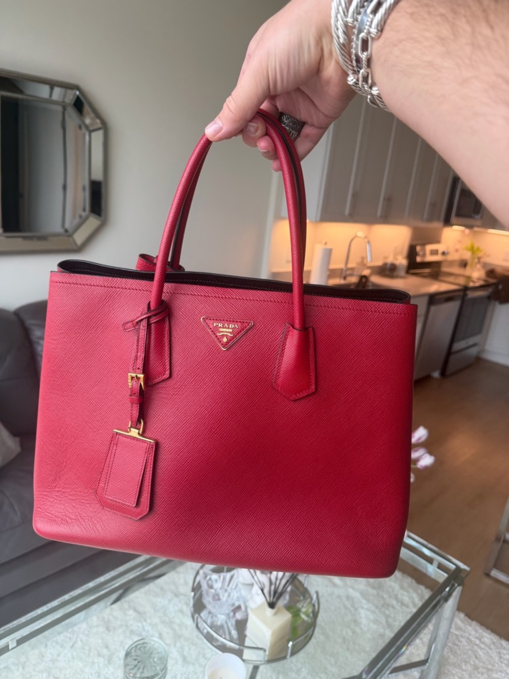 Prada Red Saffiano Double Tote Large